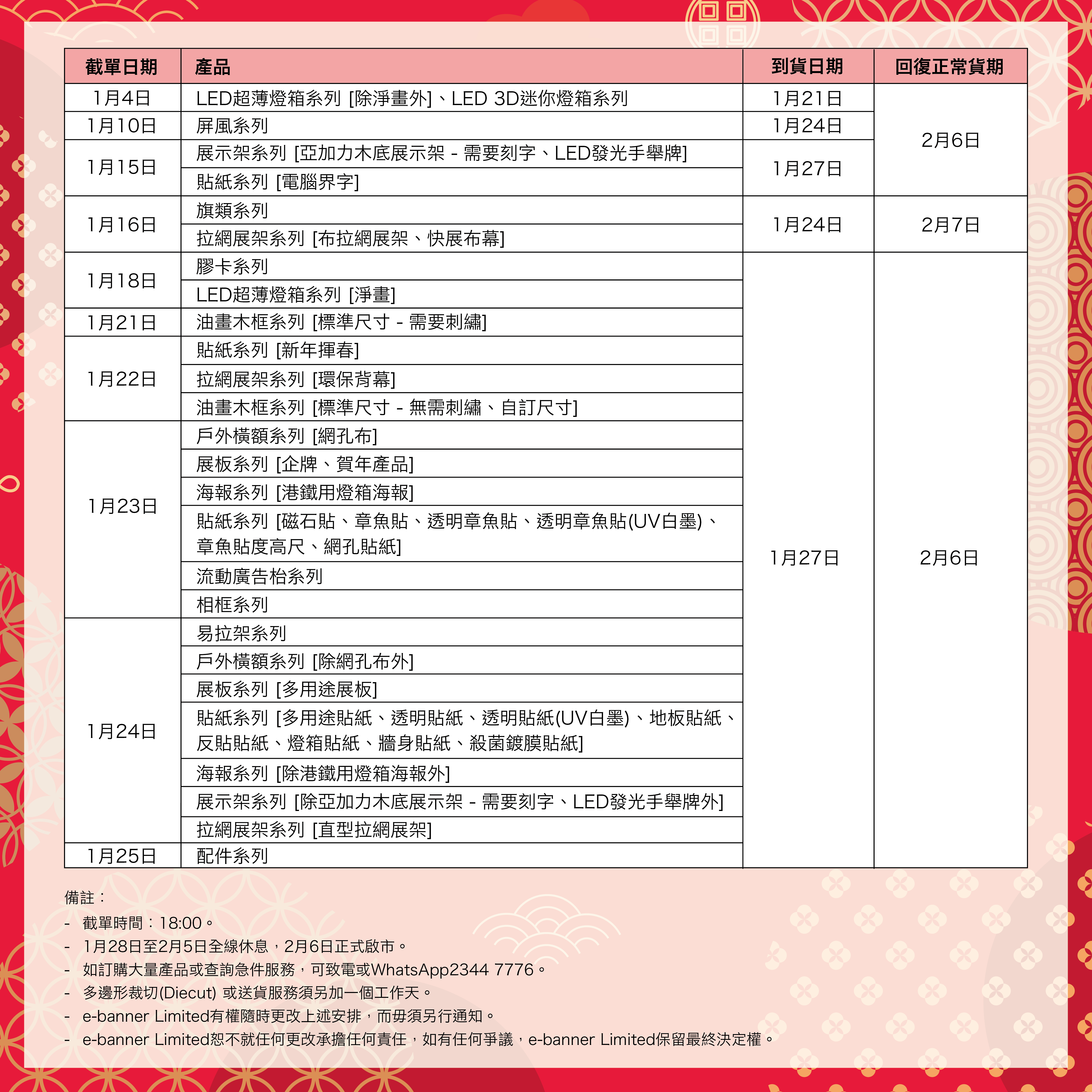 2025農曆假期貨期安排,Chinese New Year Arrangement 2025